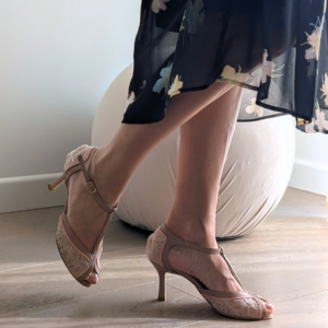 Décolleté t-bar Anafi tanghera con tacco sottile di 70 mm in tessuto bijoux cipria, nappa nude, nappa rosa carne